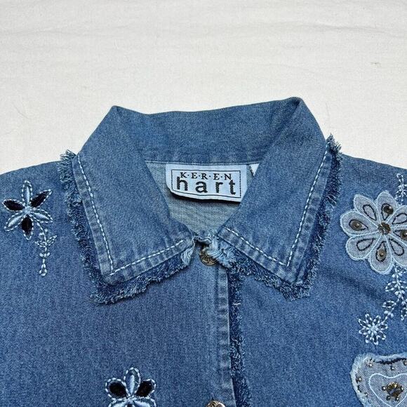 Keren Hart Floral Embroidered Denim Jacket Vintage Y2K Women's Medium Bohemian - Picture 3 of 12